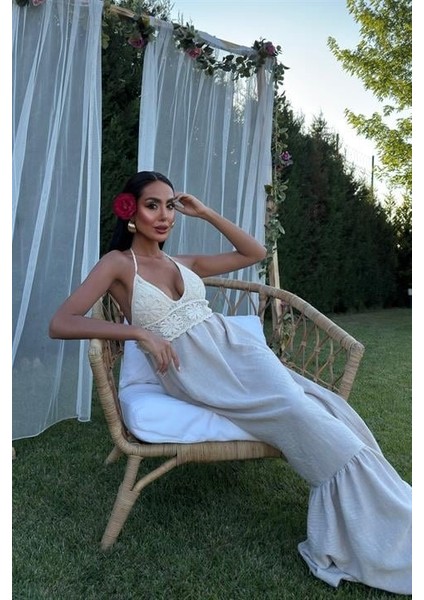 Göğsü Trikolu Keten Uzun Elbise 2904-08