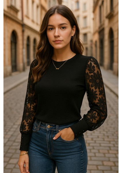 Kadın Uzun Kollu Bisiklet Yaka Kolları Çiçekli Waffle Bluz