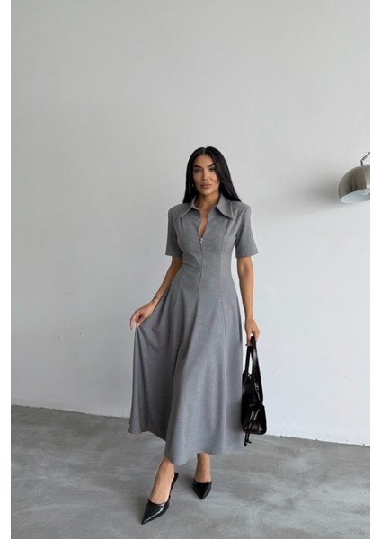 Polyviskon Elbise Kısa Kol Yaka ve Fermuar Detaylı - Gri