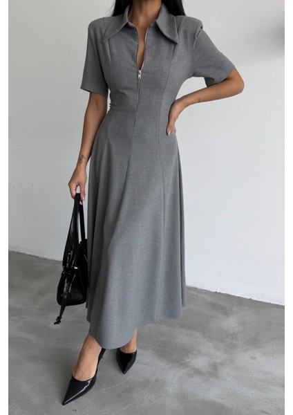 Polyviskon Elbise Kısa Kol Yaka ve Fermuar Detaylı - Gri fiyatları
