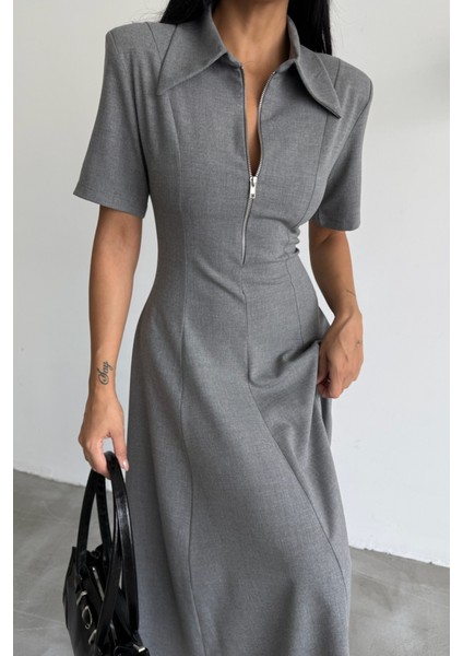Polyviskon Elbise Kısa Kol Yaka ve Fermuar Detaylı - Gri modelleri