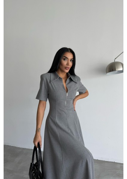 Polyviskon Elbise Kısa Kol Yaka ve Fermuar Detaylı - Gri fırsatları