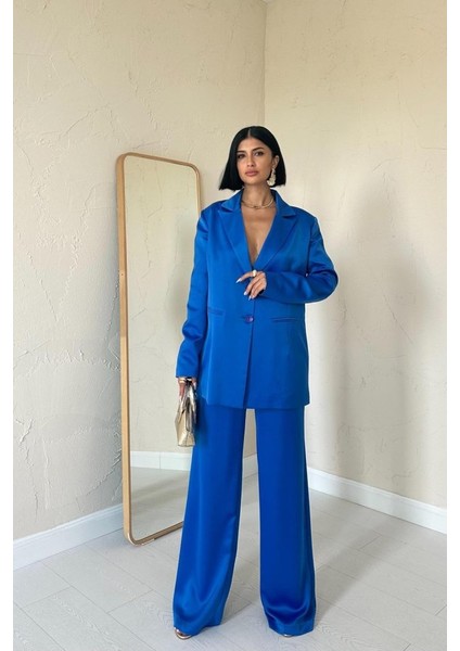 Mavi Saten Ceket ve Pantolon Takım
