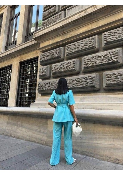 Kısa Kol Bağlama Detaylı Ceket-Pantolon Takım - Mavi fiyatları