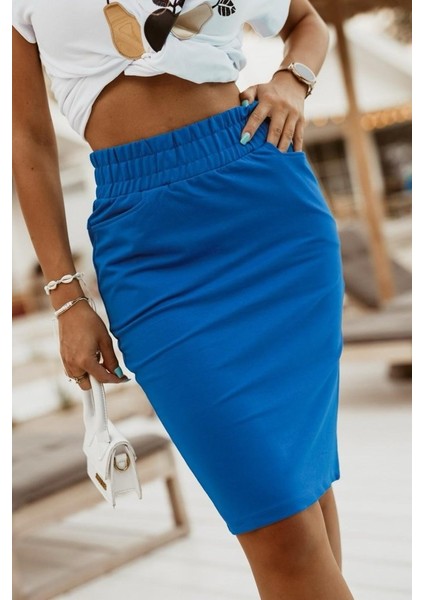 Kadın Iki Iplik Kumaş Beli Lastikli Arkası Yırtmaçlı Mıdı Boy Etek