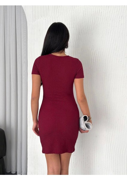 Bisiklet Yaka Kısa Kol Likralı Elbise - Bordo modelleri
