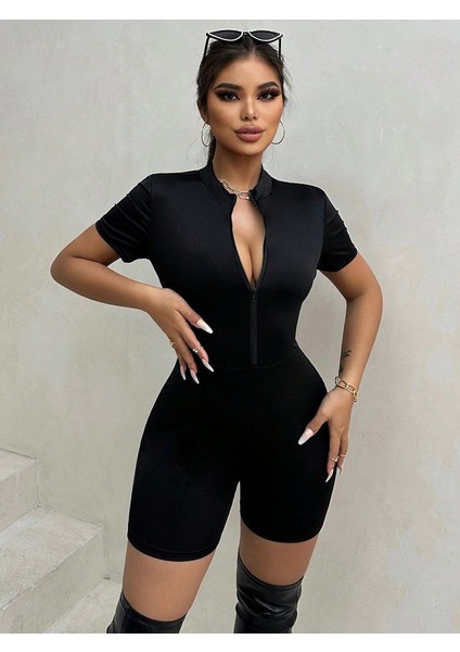 Kadın Kısa Kollu Önü Fermuarlı Bodycon Dalgıç Tulum
