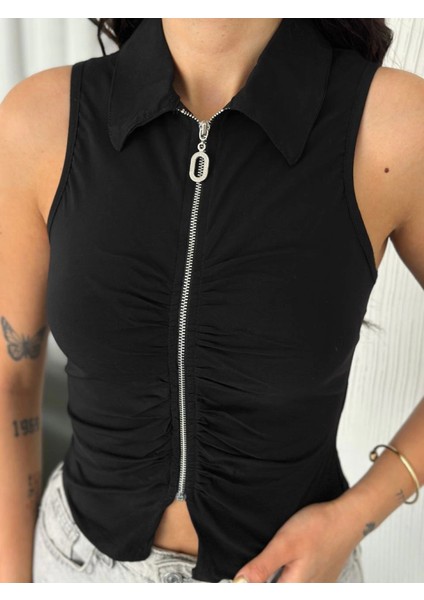 Yakalı Tam Fermuarlı Kolsuz Bluz - Siyah