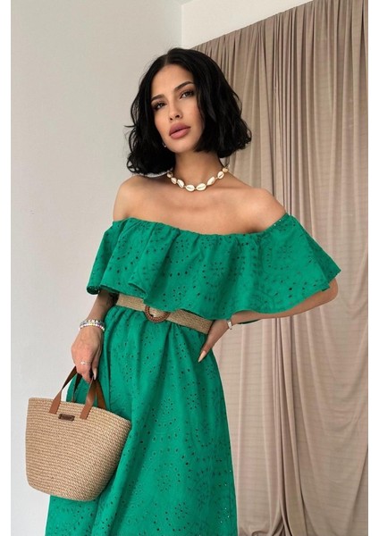 Yeşil Omzu Lastikli Brode Elbise fiyatları