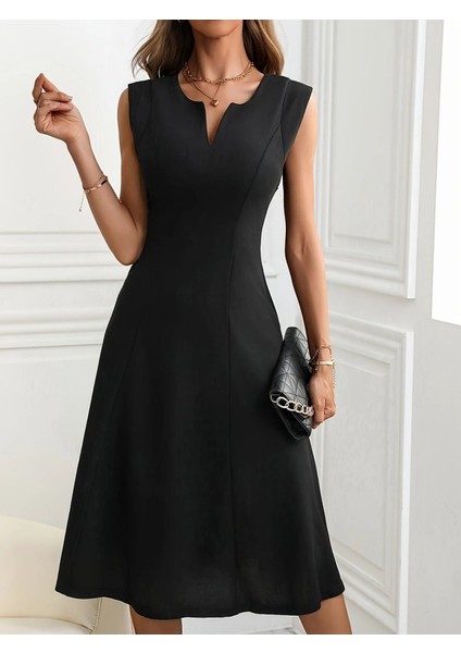 Kadın Kolsuz V Yakalı Midi Ithal Krep Elbise modelleri