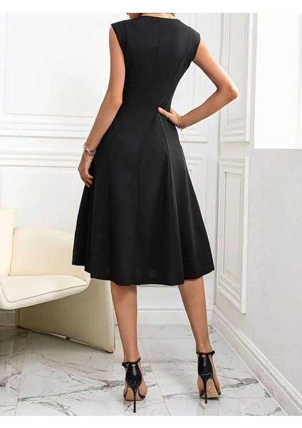 Kadın Kolsuz V Yakalı Midi Ithal Krep Elbise indirimleri