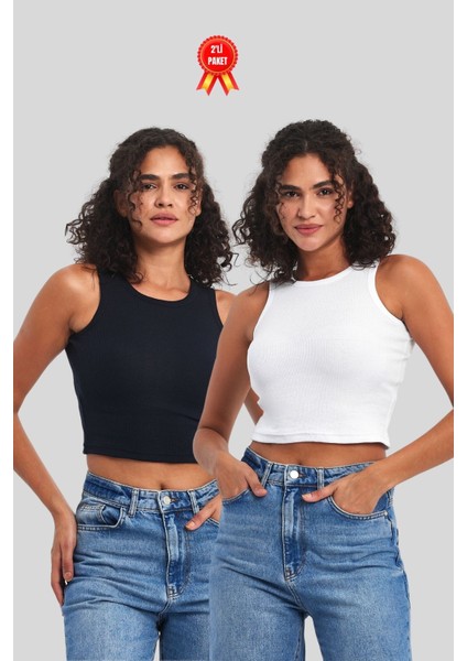 Kadın Siyah-Beyaz Fitilli Görünümlü Askılı Kalın Esnek Örme 2'li Basic Crop Atlet Bluz