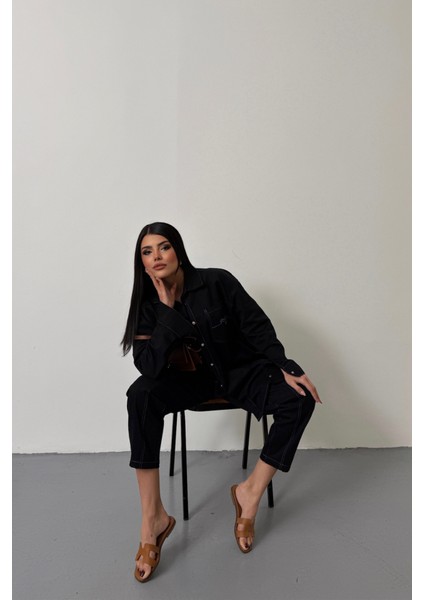 Denim Puntolu Gömlek-Pantolon Takım - Mavi