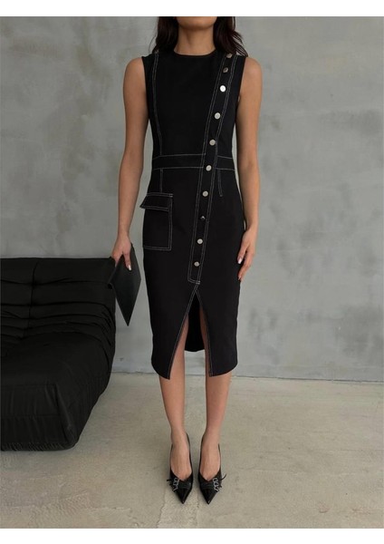 Gabardin Kalem Elbise Düğme ve Yırtmaç Detaylı - Bej fiyatları