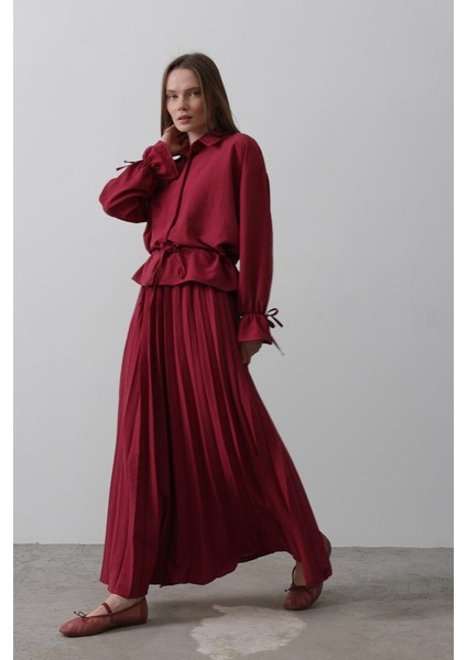 Bel Detaylı Bluz Pileli Etek - Bordo