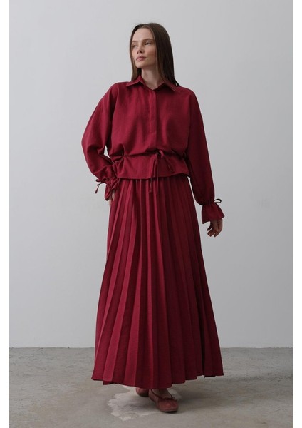 Bel Detaylı Bluz Pileli Etek - Bordo modelleri