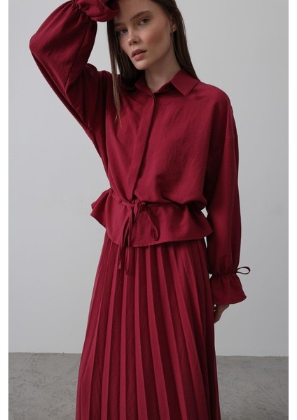 Bel Detaylı Bluz Pileli Etek - Bordo fırsatları