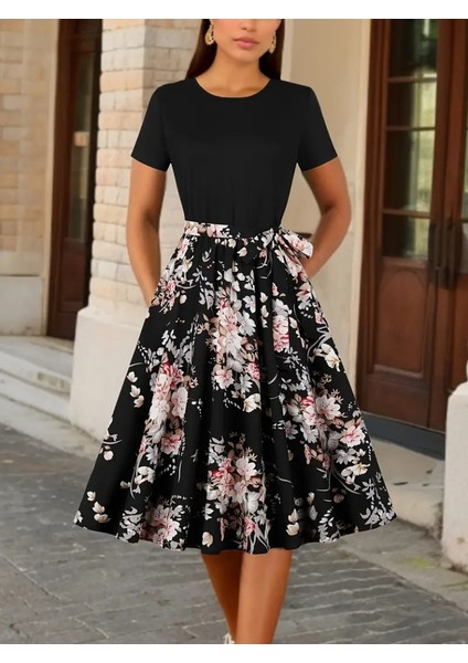 Kadın Kısa Kollu Bisiklet Yaka Çiçek Desenli Üst Viskon Alt Süprem Kısa Elbise