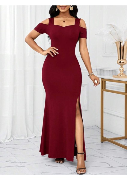 Kadın Omuzlardan Açık Askılı Yırtmaç Detaylı Uzun Ithal Krep Elbise modelleri