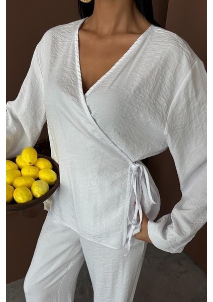 Kruvaze Model Klasik Pantolonlu Çupra Keten Takım 10191