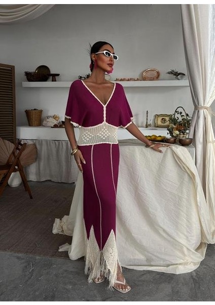 Dantel Desenli V Yaka Triko Elbise 2844