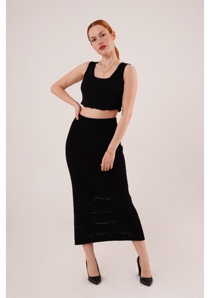 Örme Detaylı Etek ve Bluz Siyah Takım