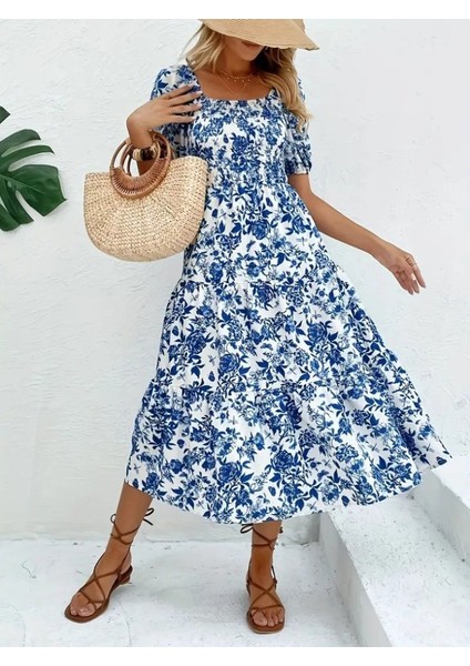 Kadın Kısa Kollu Kare Yakalı Lastikli Desenli Süprem Elbise