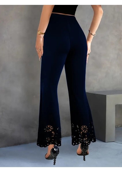 Kadın Yüksek Bel Paçaya Doğru Genişleyen Lazer Çiçek Kesim Detaylı Ithal Krep Pantolon fırsatları
