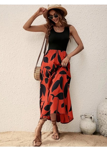 Kadın Askılı Yuvarlak Yaka Üst Viskon Alt Desenli Uzun Süprem Elbise modelleri