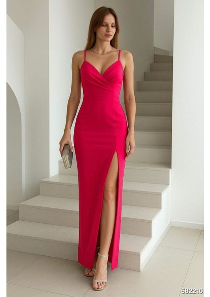 Kadın Dalgıç Kumaş V Yaka Yırtmaç Detaylı Maxi Boy Elbise