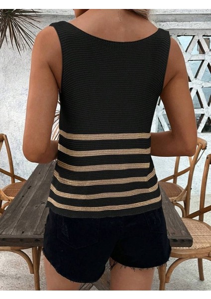 Kadın Sıfır Kol Yuvarlak Yaka Şerit Detay Triko Bluz indirimleri