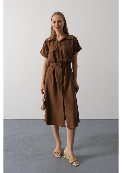 Kuşaklı Cep Detaylı Yarım Kol Elbise - Kahve fiyatları