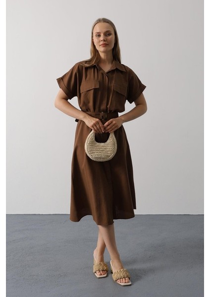 Kuşaklı Cep Detaylı Yarım Kol Elbise - Kahve modelleri