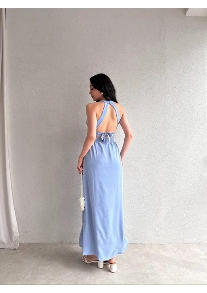 Kadın Krinkil Kumaş Beli Gipeli Halter Yaka Maxi Boy Elbise fiyatları