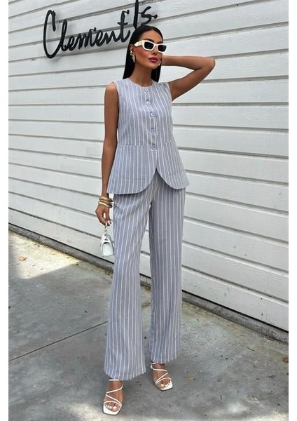 Çizgili Viscon Keten Yelekli Rahat Takım 10121 indirimleri