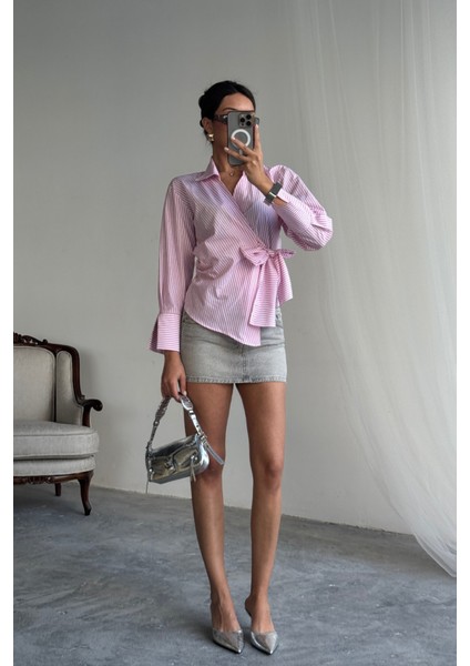 Çizgili Poplin Kruvaze Bağlamalı Gömlek - Pembe modelleri