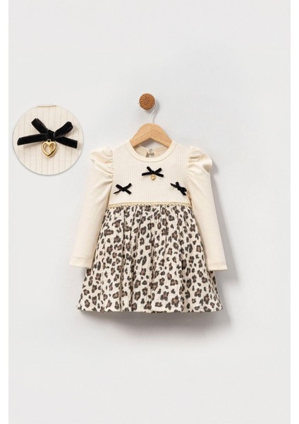 Leopar Detaylı Fiyonklu Kız Bebe elbise - Bej