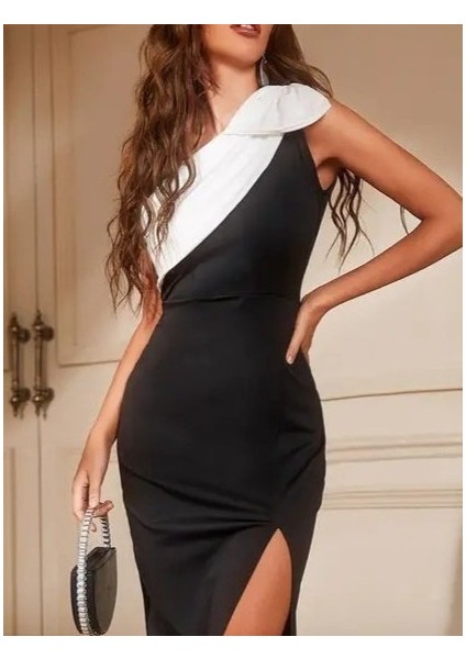 Kadın Omuzlardan Kurdela Detaylı Siyah Beyaz Çift Renkli Yırtmaçlı Midi Dalgıç Elbise modelleri