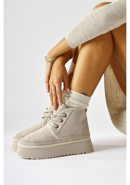 Maricris Bej Süet Kalın Tabanlı Bağcıklı Yarım Bot fiyatları