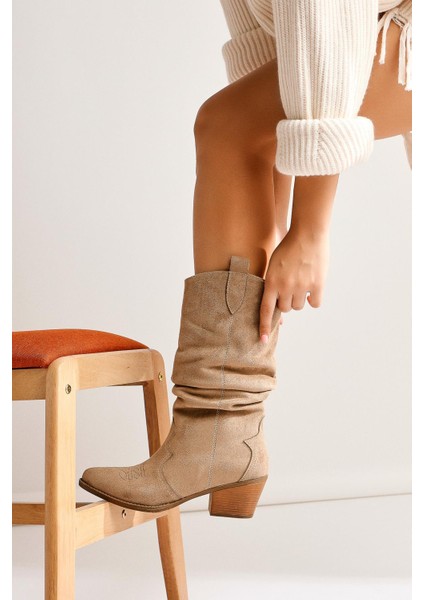 Lise-Britt Vizon Süet Körüklü Nakışlı Western Bot