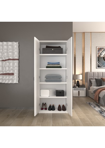 2 Kapaklı 5 Katlı Çok Amaçlı Beyaz Elbise Dolabı / Saklama Dolabı 70CM