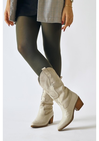 Maily Bej Süet Detaylı Nakışlı Sivri Burunlu Western Bot fiyatları