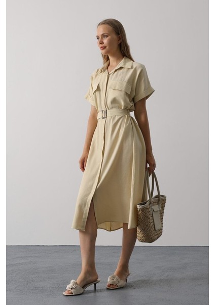 Kuşaklı Cep Detaylı Yarım Kol Elbise - Ekru fiyatları