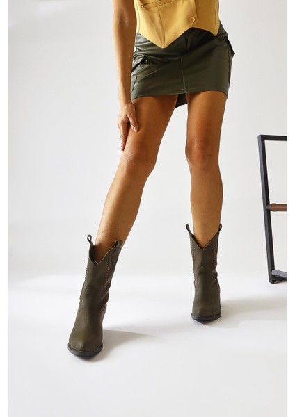 Fiza Haki Sivri Burunlu Nakışlı Zımba Detaylı Western Bot modelleri