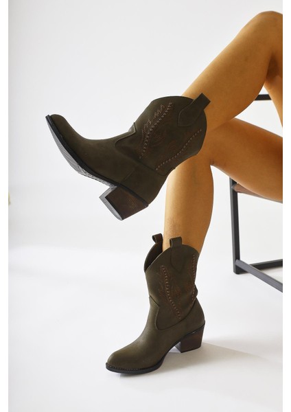 Fiza Haki Sivri Burunlu Nakışlı Zımba Detaylı Western Bot fırsatları