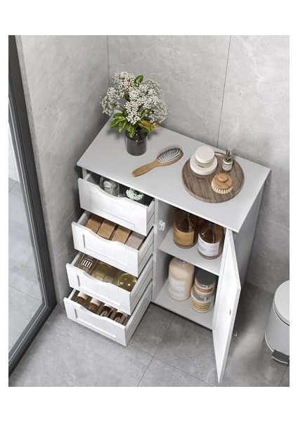 Banyo Dolabı, Dar Banyo Dolabı, Yan Dolap, Çekmeceli Göğüs, 4 Çekmece, Dolap Kapısı, Ayarlanabilir Raf, Beyaz LHC41W modelleri
