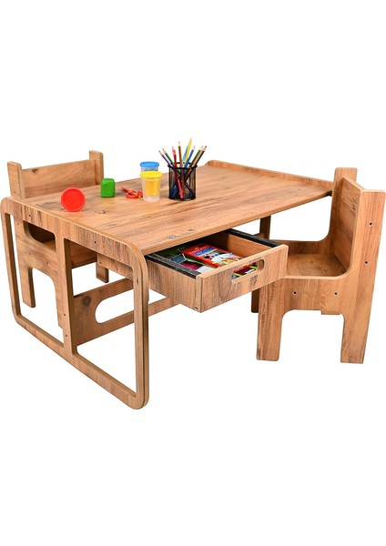 Iki Kişilik Çekmeceli Ahşap Çocuk Oyun & Aktivite Masa ve Sandalye Takımı - 18MM Ceviz Renk Mdf