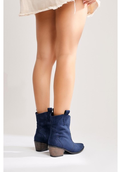 Joo Lacivert Süet Sivri Burunlu Nakışlı Western Bot modelleri