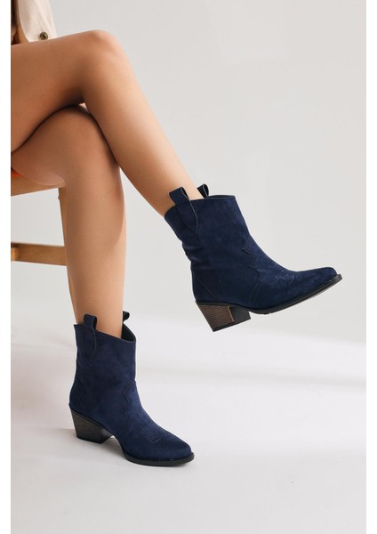 Joo Lacivert Süet Sivri Burunlu Nakışlı Western Bot fırsatları