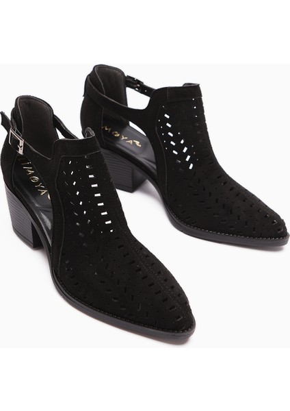 Julian Siyah Süet Delikli Kalın Topuklu Kadın Western Yazlık Bot modelleri